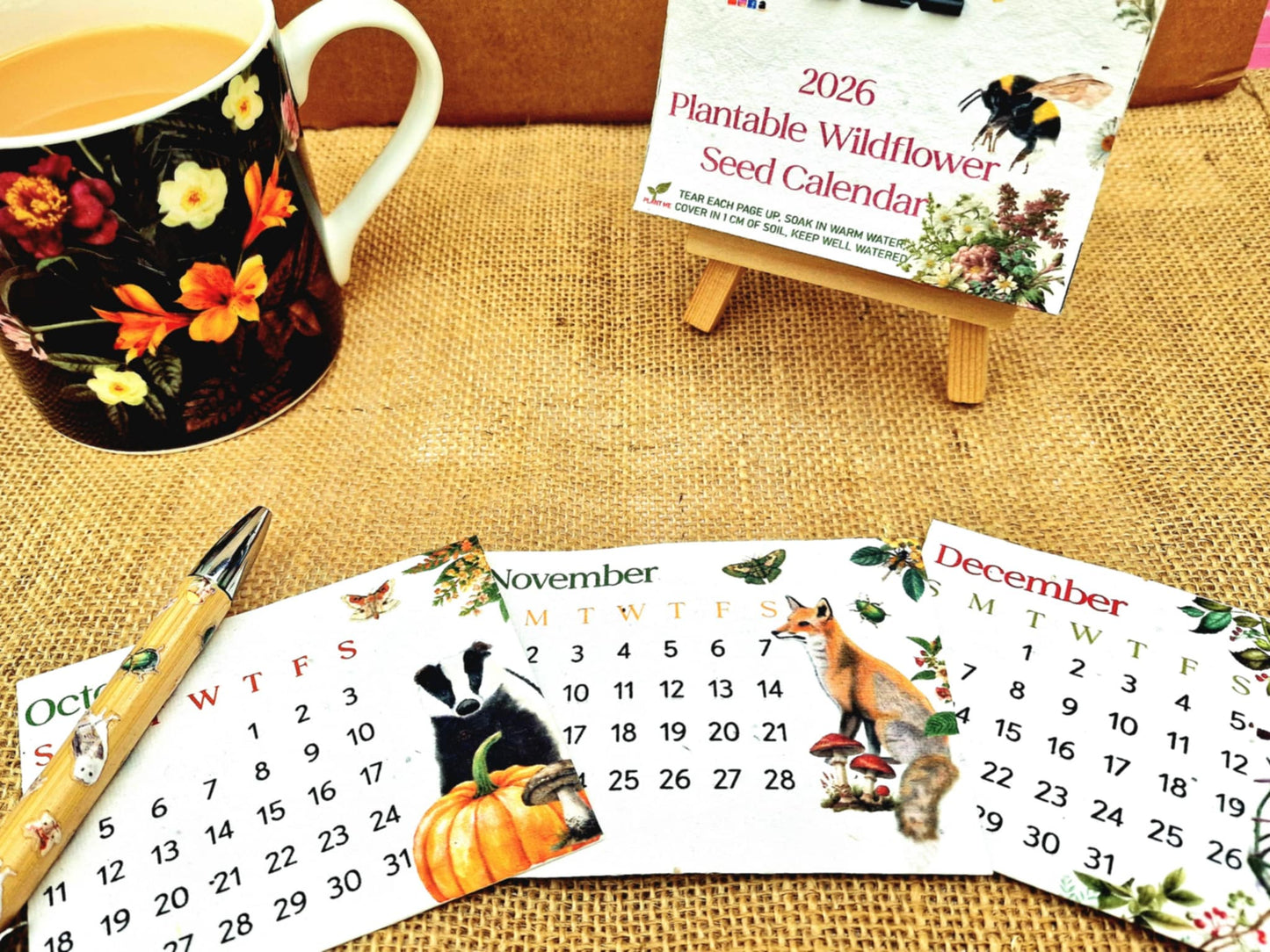 Mini Plantable Seed Calendar 2026 | A7 Size | 12 Original Artworks | Wildflower Paper | Wooden Easel Stand | Eco Friendly Gift