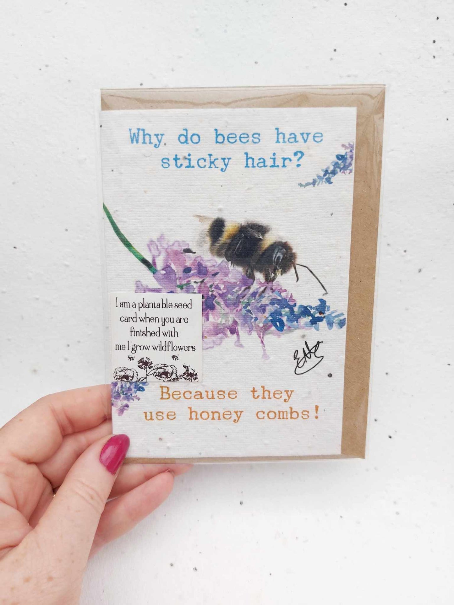 Eco and vegan friendly plantable greetings card sticky bee- Open card