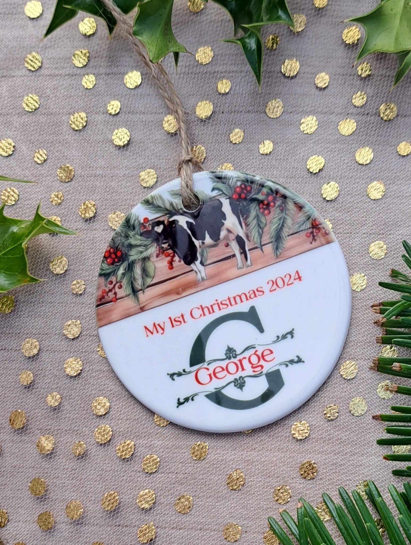 Christmas Personalised Ceramic Bauble 2024 - Custom Festive Ornament- Our first Christmas- Babys first Christmas-Our 1st Christmas as a family of