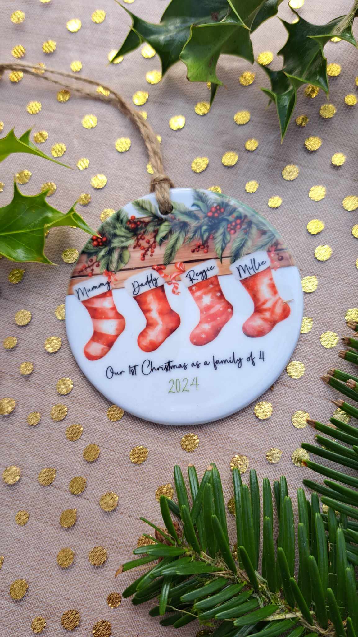 Christmas Personalised Ceramic Bauble 2024 - Custom Festive Ornament- Our first Christmas- Babys first Christmas-Our 1st Christmas as a family of