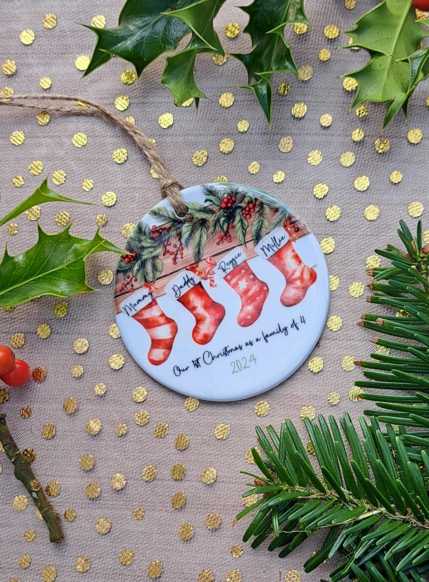 Christmas Personalised Ceramic Bauble 2024 - Custom Festive Ornament- Our first Christmas- Babys first Christmas-Our 1st Christmas as a family of