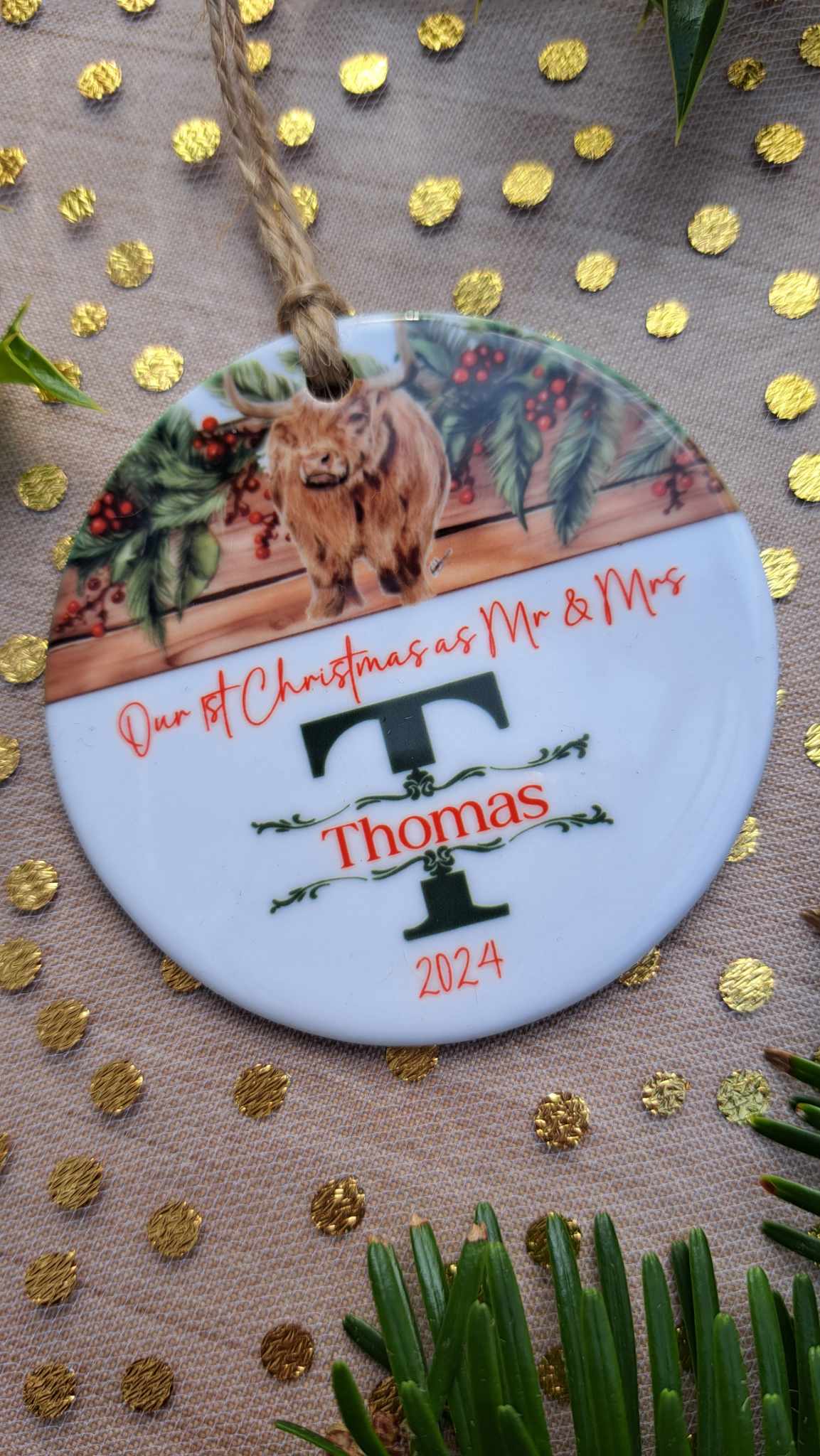 Christmas Personalised Ceramic Bauble 2024 - Custom Festive Ornament- Our first Christmas- Babys first Christmas-Our 1st Christmas as a family of