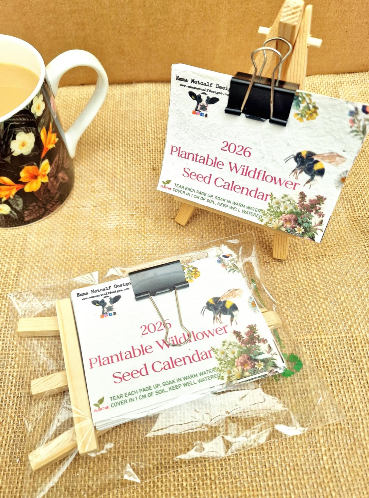 Mini Plantable Seed Calendar 2026 | A7 Size | 12 Original Artworks | Wildflower Paper | Wooden Easel Stand | Eco Friendly Gift