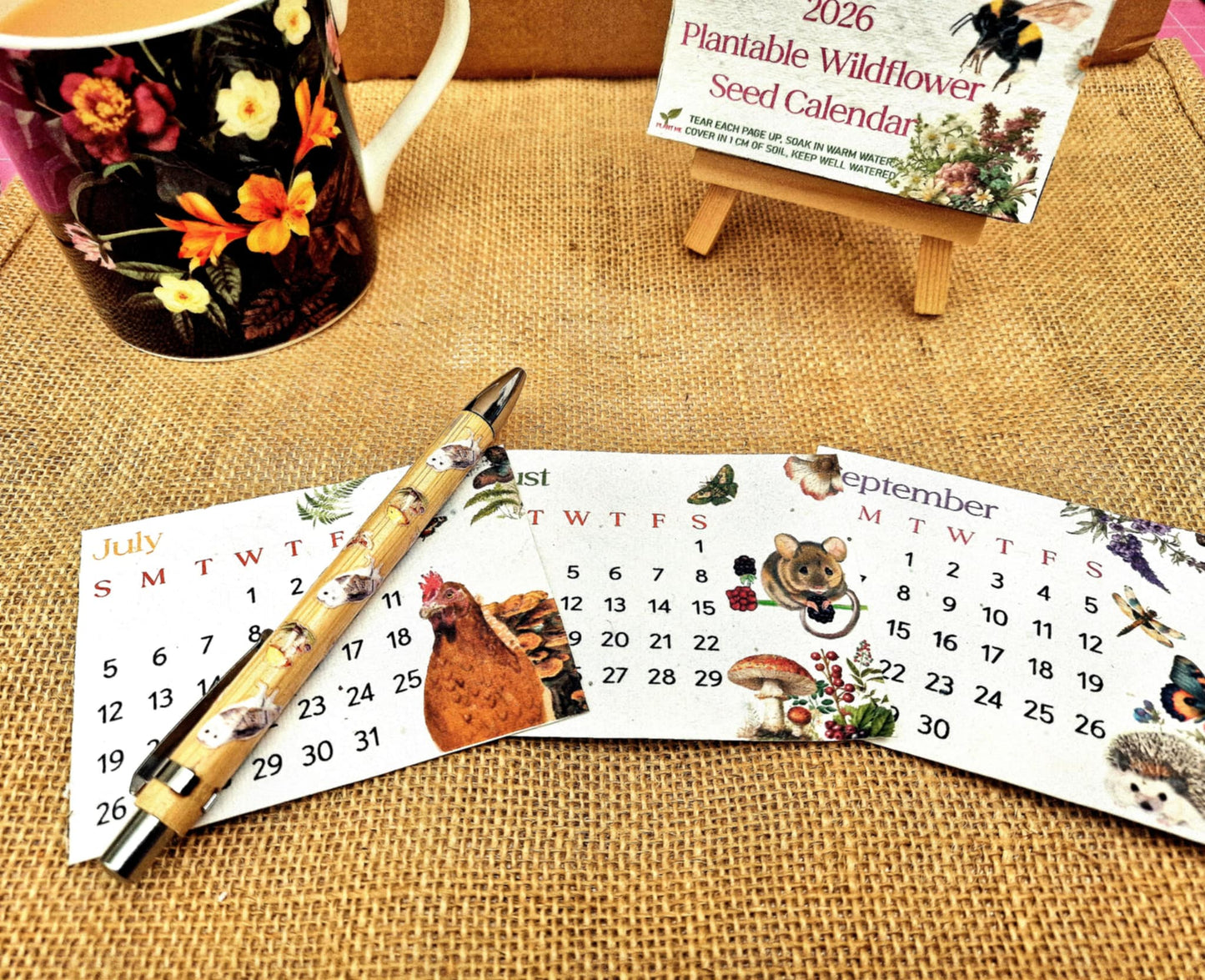 Mini Plantable Seed Calendar 2026 | A7 Size | 12 Original Artworks | Wildflower Paper | Wooden Easel Stand | Eco Friendly Gift