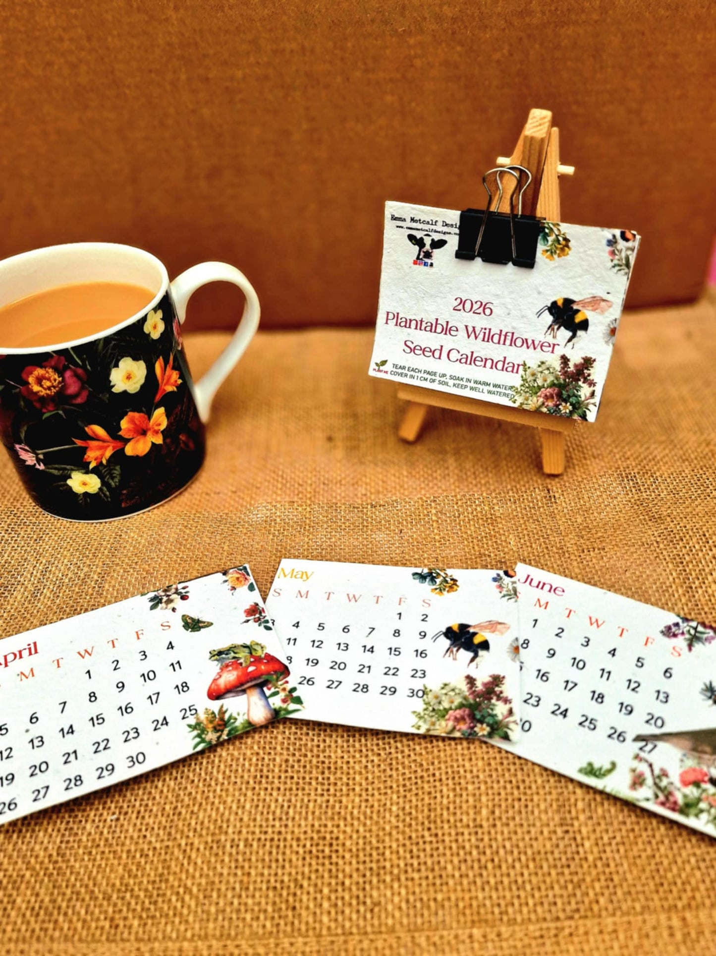 Mini Plantable Seed Calendar 2026 | A7 Size | 12 Original Artworks | Wildflower Paper | Wooden Easel Stand | Eco Friendly Gift