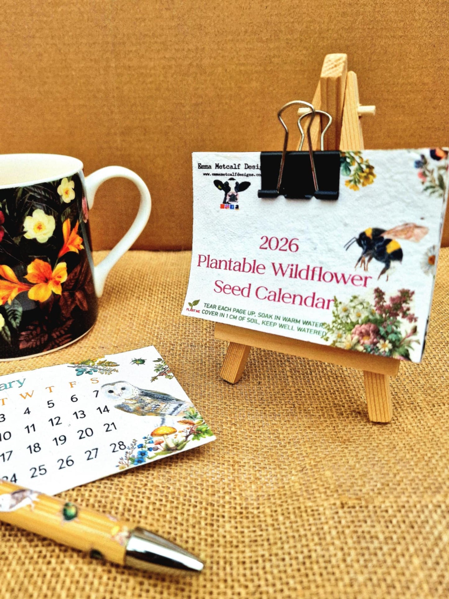 Mini Plantable Seed Calendar 2026 | A7 Size | 12 Original Artworks | Wildflower Paper | Wooden Easel Stand | Eco Friendly Gift