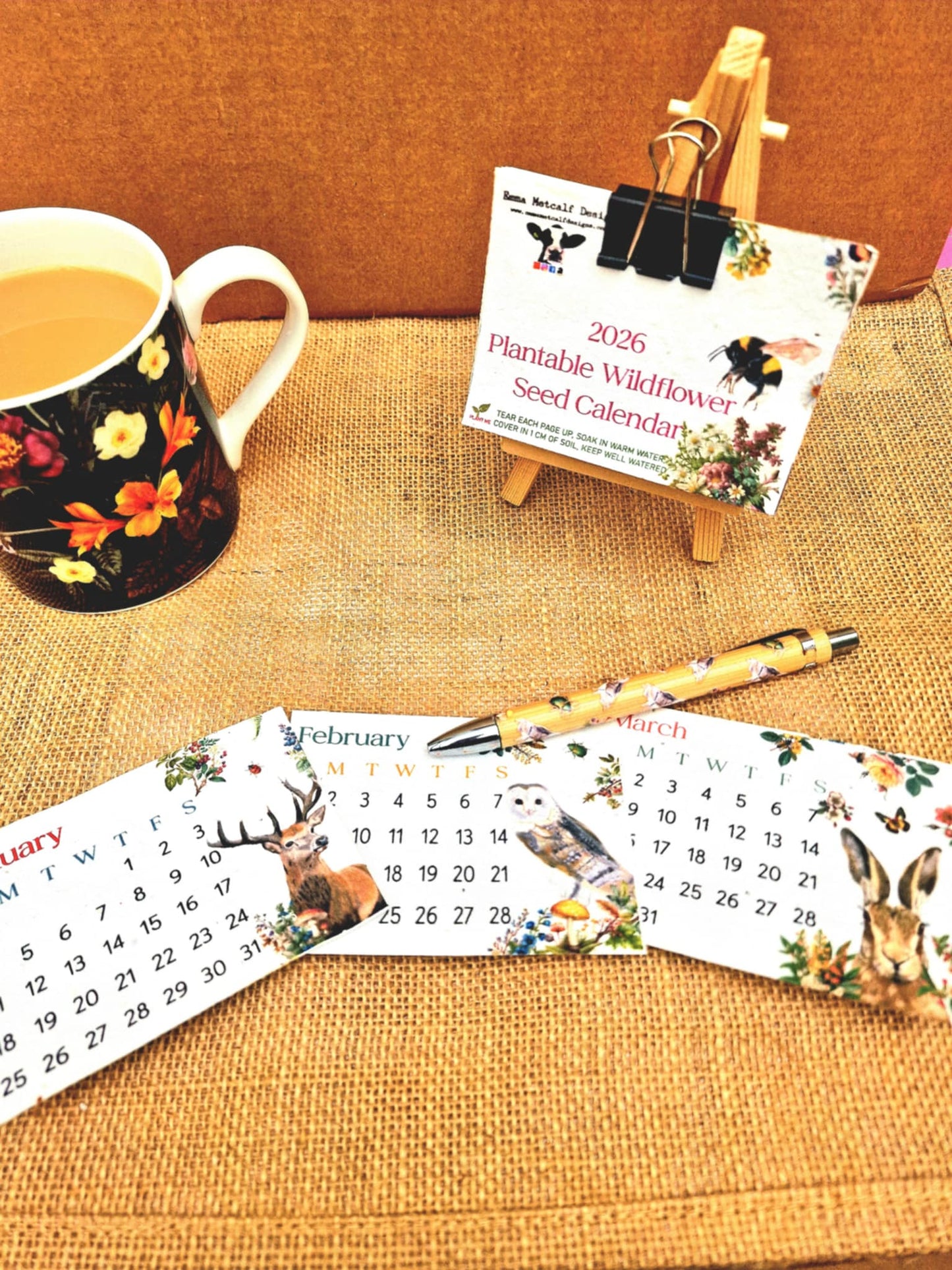 Mini Plantable Seed Calendar 2026 | A7 Size | 12 Original Artworks | Wildflower Paper | Wooden Easel Stand | Eco Friendly Gift