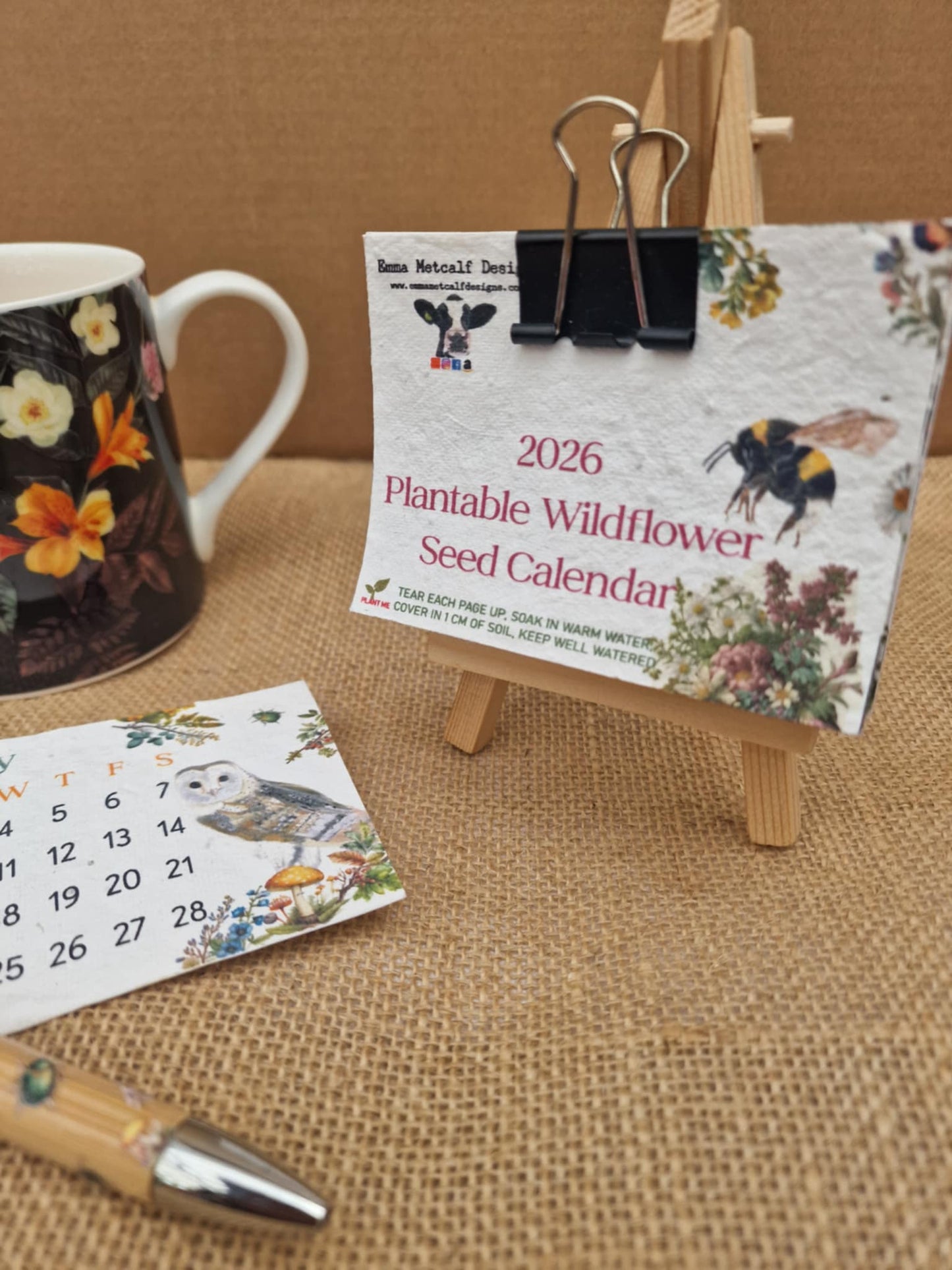 Mini Plantable Seed Calendar 2026 | A7 Size | 12 Original Artworks | Wildflower Paper | Wooden Easel Stand | Eco Friendly Gift