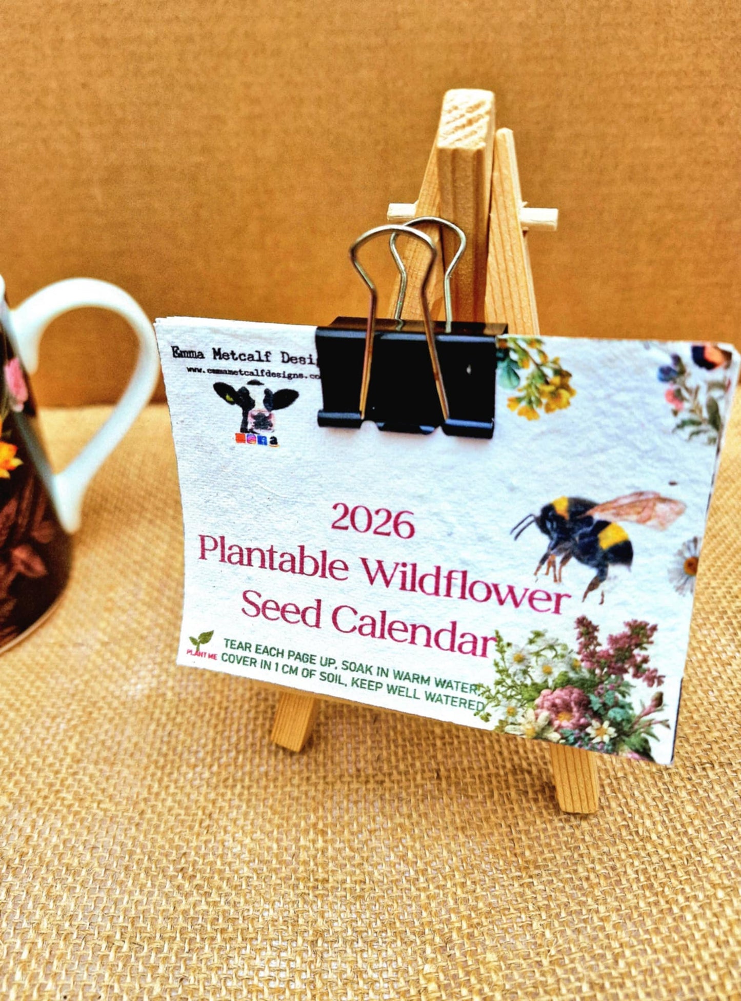 Mini Plantable Seed Calendar 2026 | A7 Size | 12 Original Artworks | Wildflower Paper | Wooden Easel Stand | Eco Friendly Gift