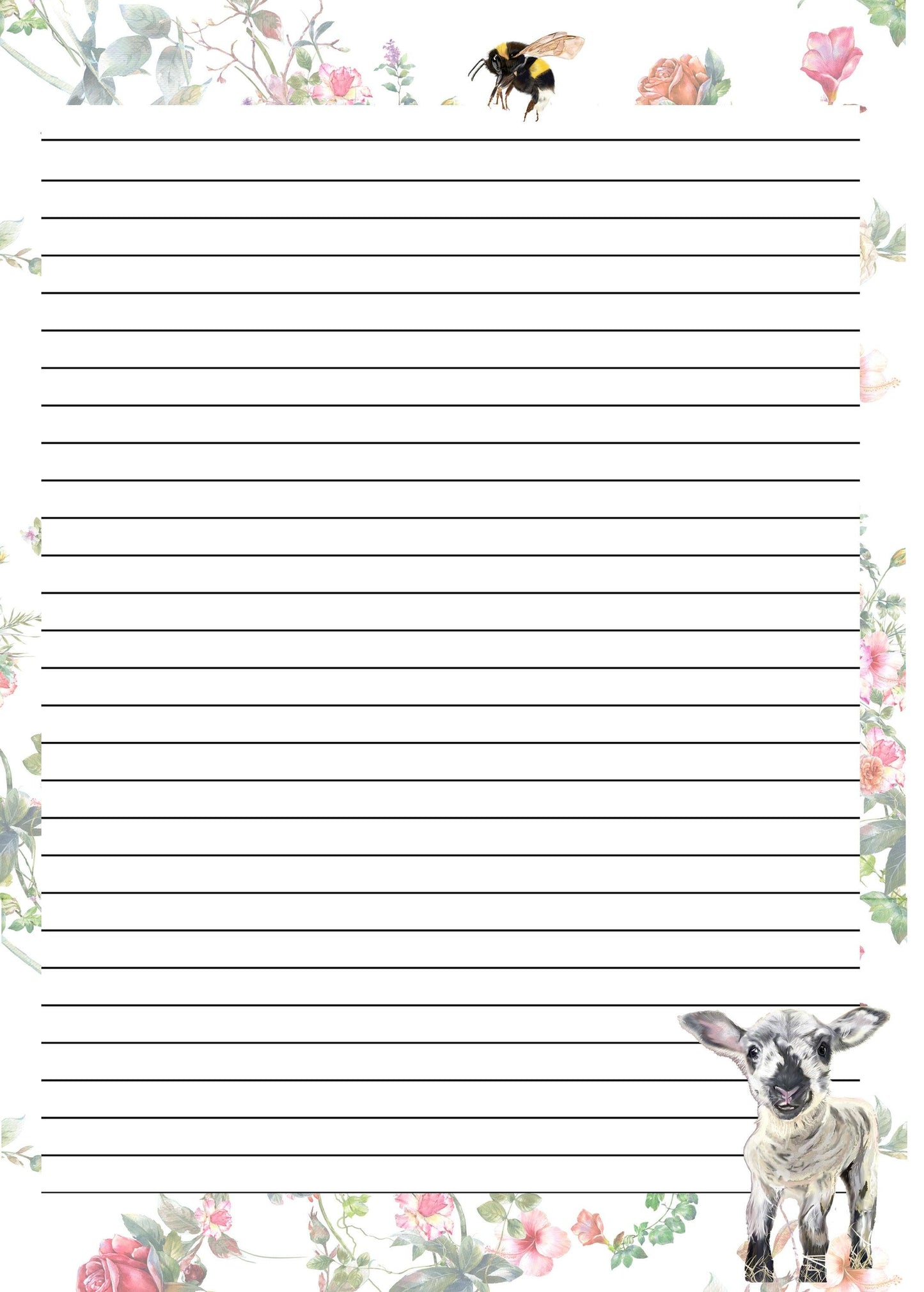 Writing paper - Beautiful hand designed letter writing set - Pig - Lamb - Envelopes- Stickers- Letter writing- Traditional writing set
