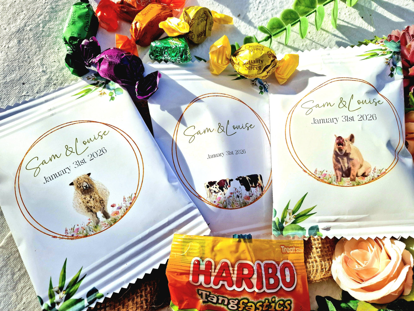 Fill Your Own Personalised Wedding Favour Bags – Crisp Bag Favours - A6 or A5 – Gloss Finish – Farm Animal Design (Sheep, Cow, Pig)