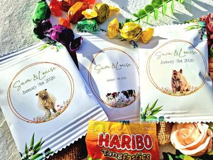 Fill Your Own Personalised Wedding Favour Bags – Crisp Bag Favours - A6 or A5 – Gloss Finish – Farm Animal Design (Sheep, Cow, Pig)