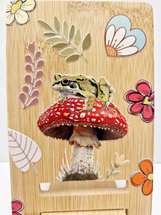 Bamboo Mobile Phone Stand with Cute 3D Art | Adjustable Wood Phone Holder with Charging Hole | Unique Artistic Desk Accessory | Eco Gift