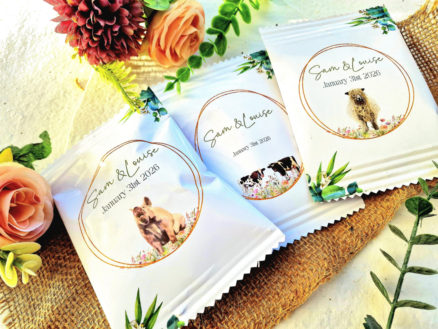 Fill Your Own Personalised Wedding Favour Bags – Crisp Bag Favours - A6 or A5 – Gloss Finish – Farm Animal Design (Sheep, Cow, Pig)