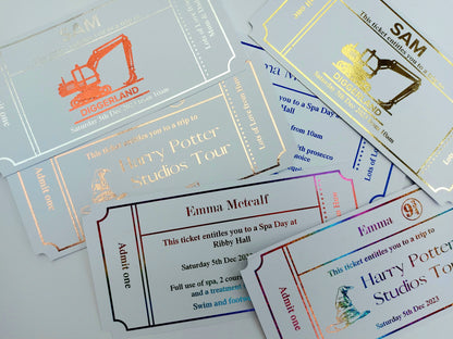 Christmas Personalised Gift Golden Foil Ticket, Foiled Voucher, Personalised Ticket, Christmas Voucher, Surprise Holiday, Birthday Event