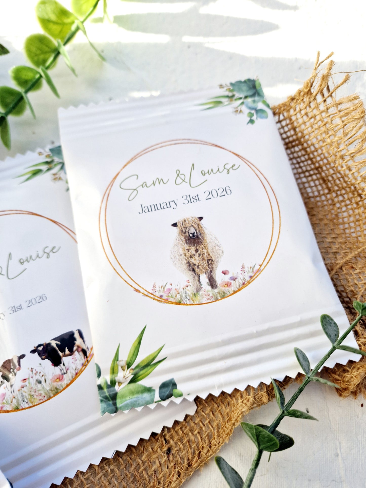 Fill Your Own Personalised Wedding Favour Bags – Crisp Bag Favours - A6 or A5 – Gloss Finish – Farm Animal Design (Sheep, Cow, Pig)