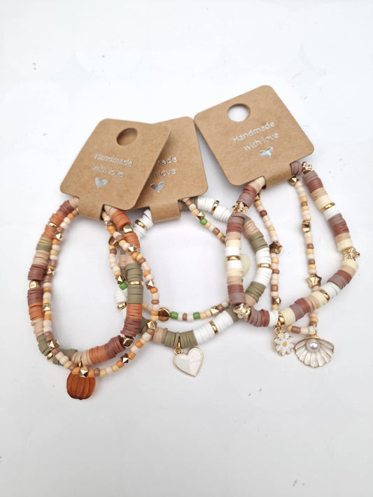 Set of 2 Boho Clay Bead Bracelet, Beachy Bracelet, Summer Bracelets, Fall Stacking Bracelets, Gold Bracelets, Polymer Clay Bead Bracelets