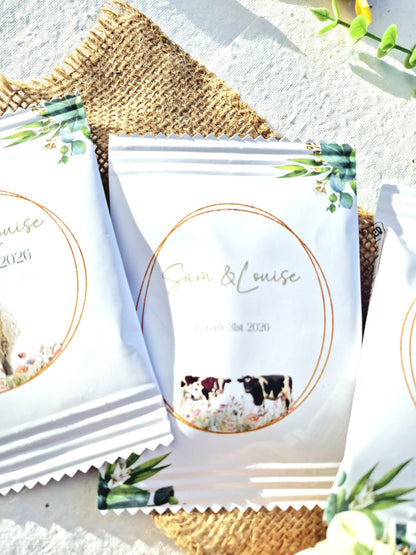 Fill Your Own Personalised Wedding Favour Bags – Crisp Bag Favours - A6 or A5 – Gloss Finish – Farm Animal Design (Sheep, Cow, Pig)