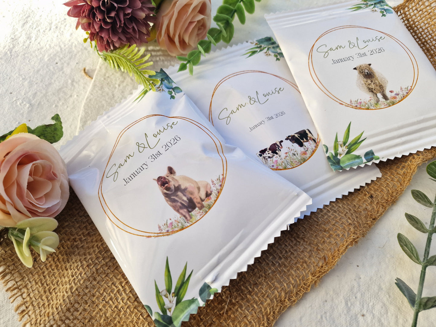 Fill Your Own Personalised Wedding Favour Bags – Crisp Bag Favours - A6 or A5 – Gloss Finish – Farm Animal Design (Sheep, Cow, Pig)