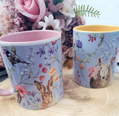 Beautiful spring themed Woodland wildlife 11oz Mug with pink handle and inner- Mother's day git- Gift for Mum- Spring farmhouse home decor