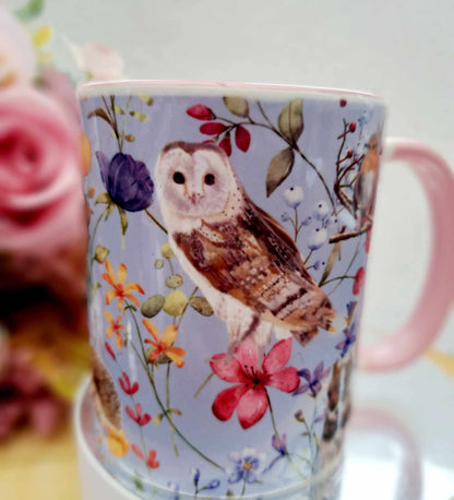 Beautiful spring themed Woodland wildlife 11oz Mug with pink handle and inner- Mother's day git- Gift for Mum- Spring farmhouse home decor