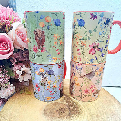 Beautiful spring themed Sheep and Lambs 11oz Mug with Orange handle and inner- Mother's day git- Gift for Mum- Spring farmhouse home decor