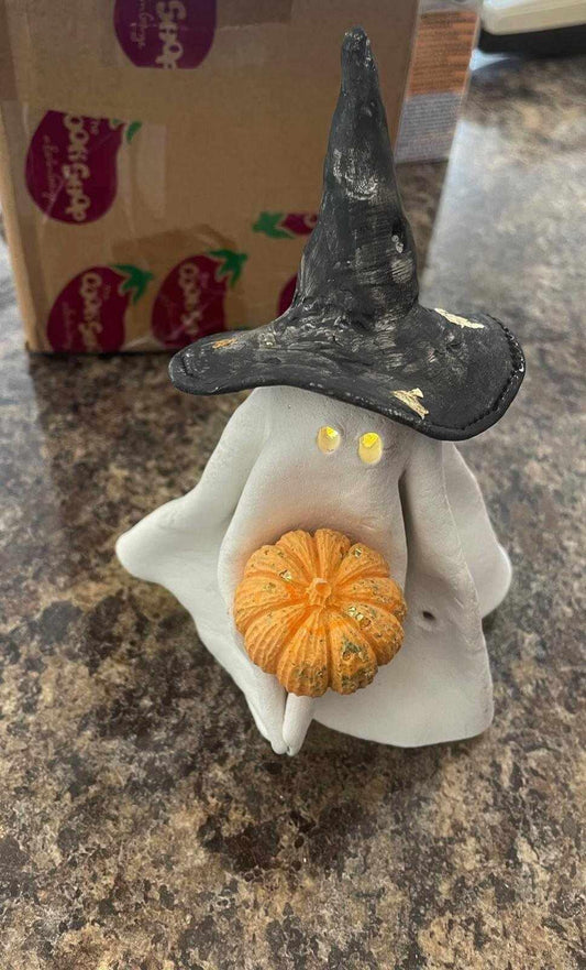 Handmade Clay Ghost with Witch's Hat and Pumpkin | 7" Tall | Halloween Decor | LED Tealight Holder