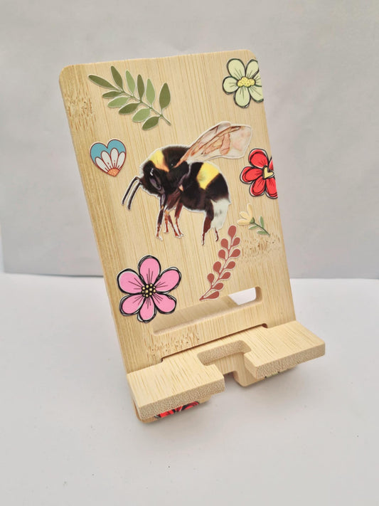 Bamboo Mobile Phone Stand with Cute 3D Art | Adjustable Wood Phone Holder with Charging Hole | Unique Artistic Desk Accessory | Eco Gift (Copy)