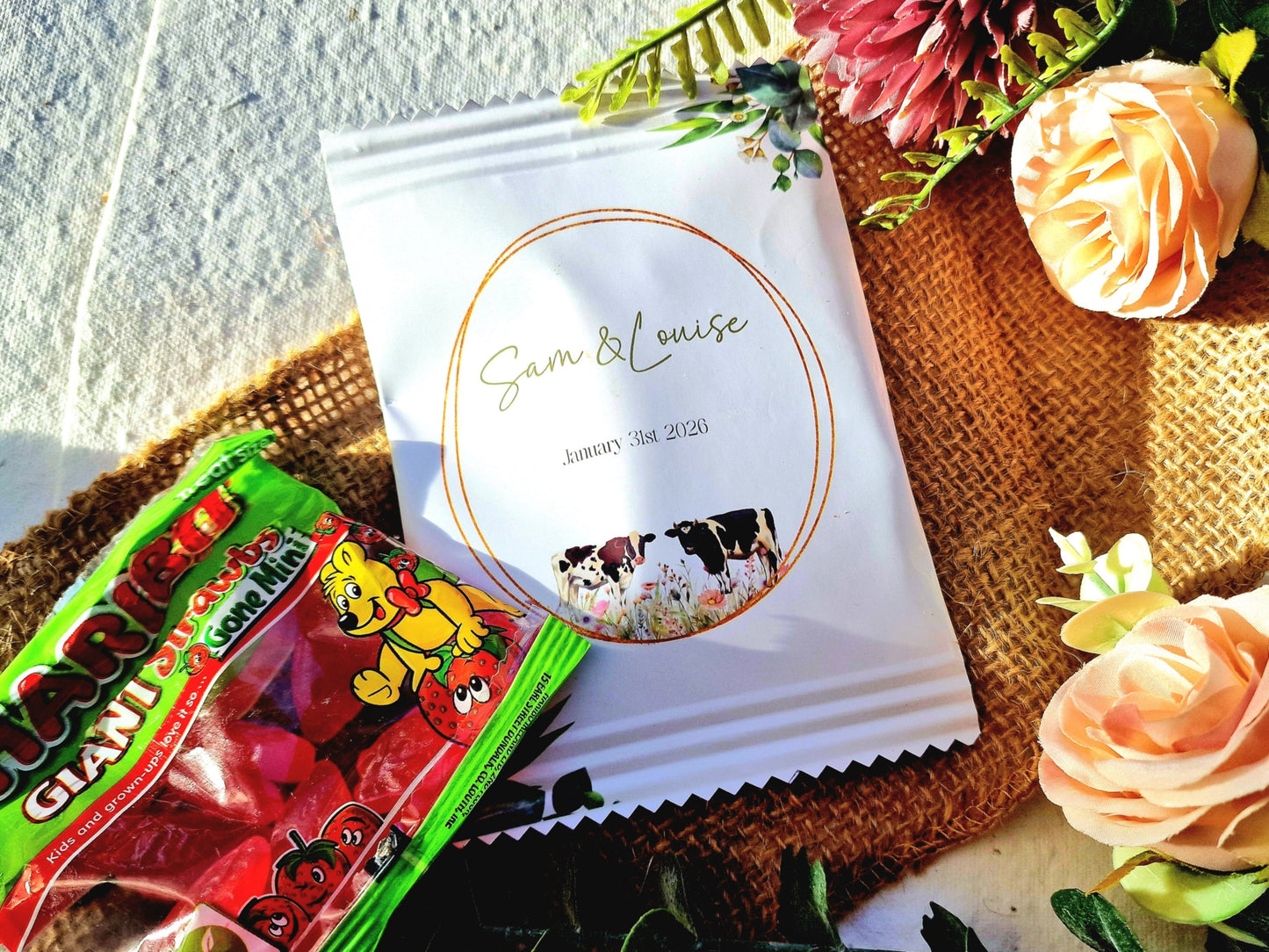 Fill Your Own Personalised Wedding Favour Bags – Crisp Bag Favours - A6 or A5 – Gloss Finish – Farm Animal Design (Sheep, Cow, Pig)