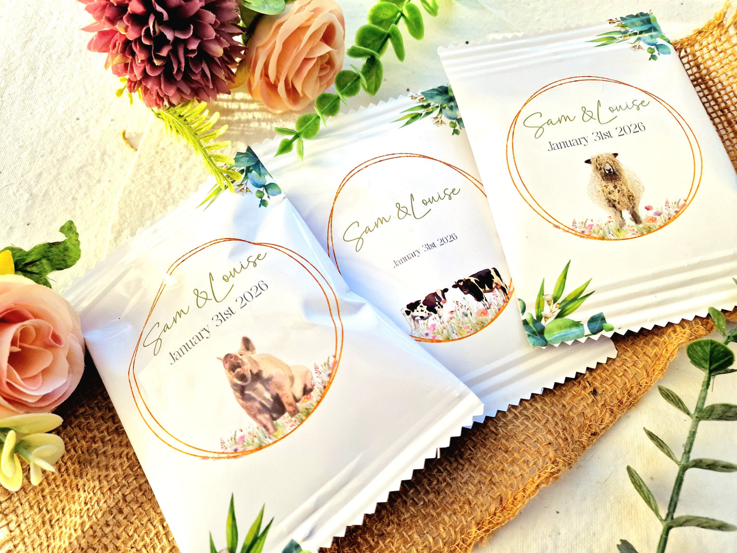 Fill Your Own Personalised Wedding Favour Bags – Crisp Bag Favours - A6 or A5 – Gloss Finish – Farm Animal Design (Sheep, Cow, Pig)