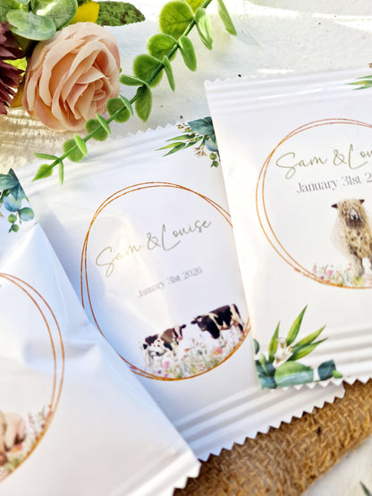 Fill Your Own Personalised Wedding Favour Bags – Crisp Bag Favours - A6 or A5 – Gloss Finish – Farm Animal Design (Sheep, Cow, Pig)