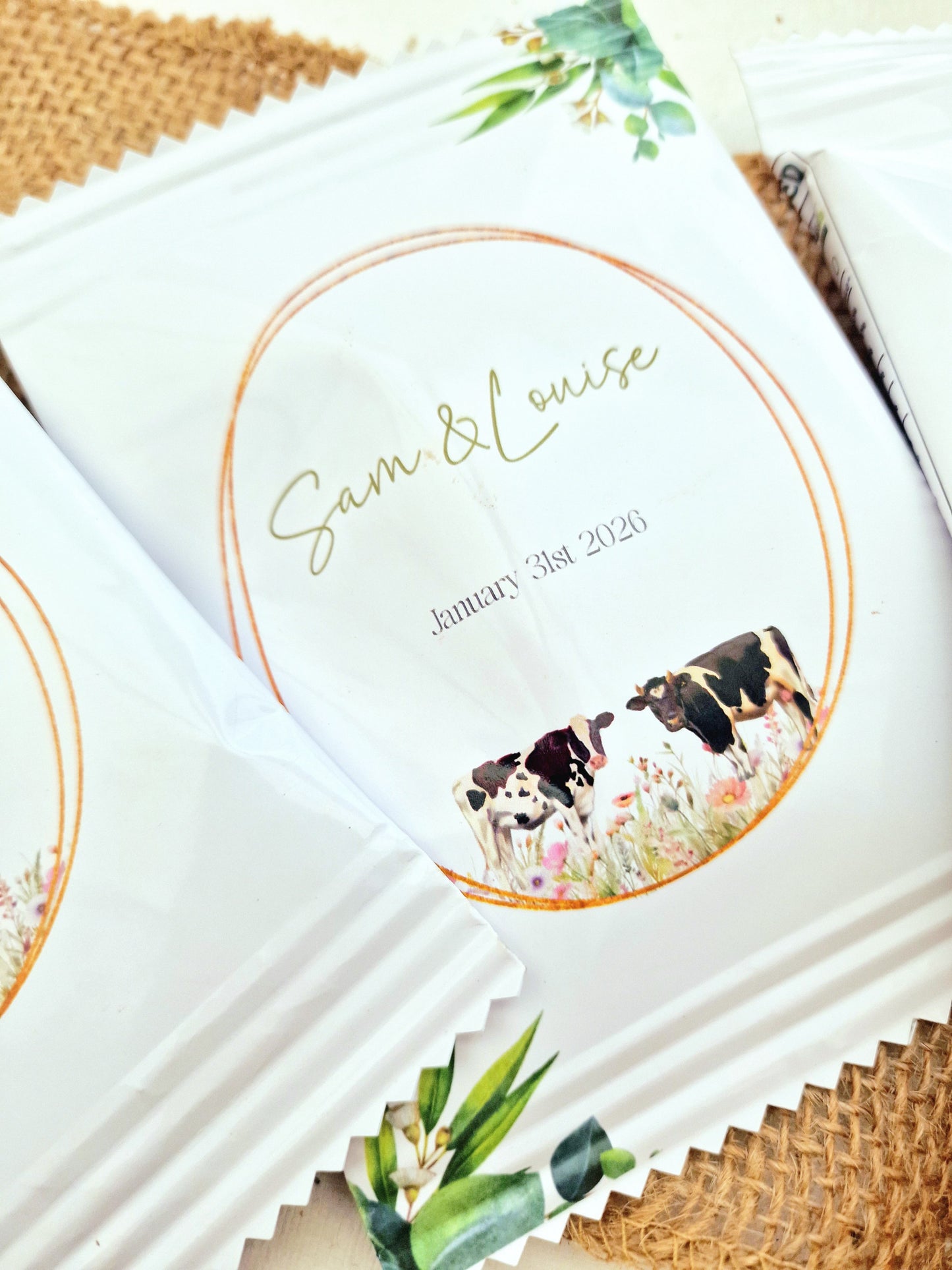 Fill Your Own Personalised Wedding Favour Bags – Crisp Bag Favours - A6 or A5 – Gloss Finish – Farm Animal Design (Sheep, Cow, Pig)