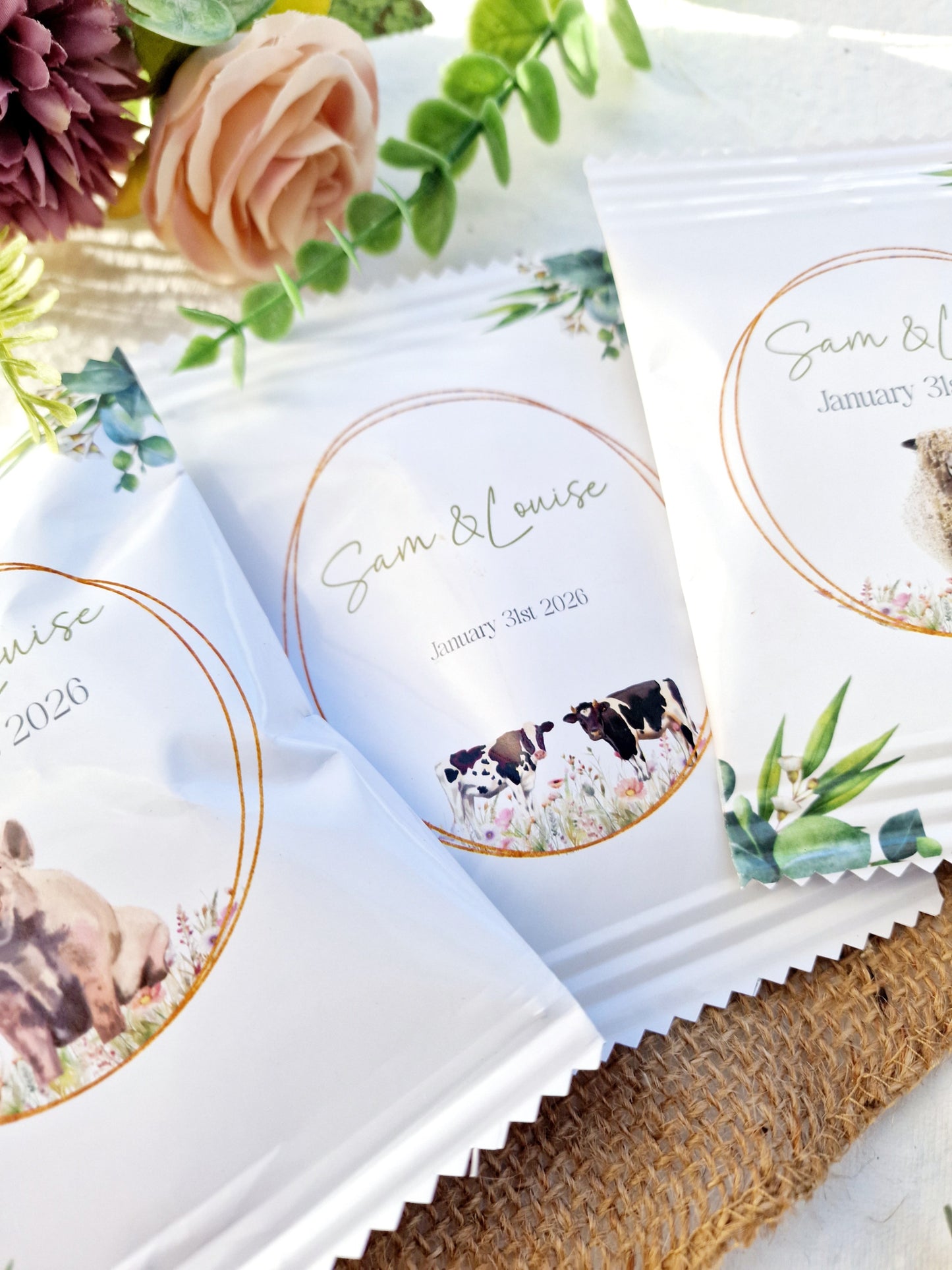 Fill Your Own Personalised Wedding Favour Bags – Crisp Bag Favours - A6 or A5 – Gloss Finish – Farm Animal Design (Sheep, Cow, Pig)