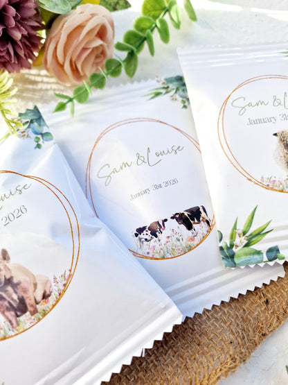 Fill Your Own Personalised Wedding Favour Bags – Crisp Bag Favours - A6 or A5 – Gloss Finish – Farm Animal Design (Sheep, Cow, Pig)