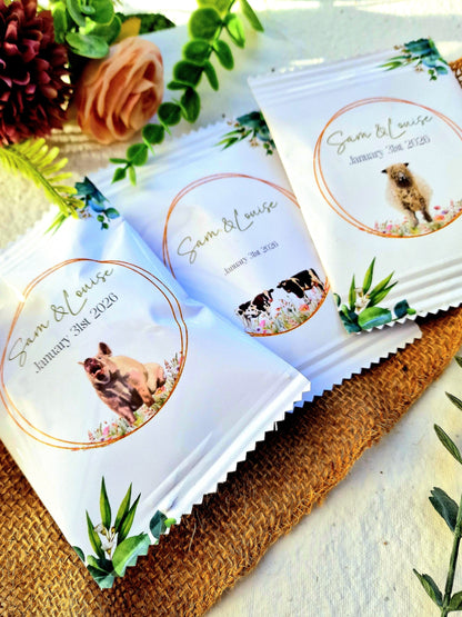 Fill Your Own Personalised Wedding Favour Bags – Crisp Bag Favours - A6 or A5 – Gloss Finish – Farm Animal Design (Sheep, Cow, Pig)