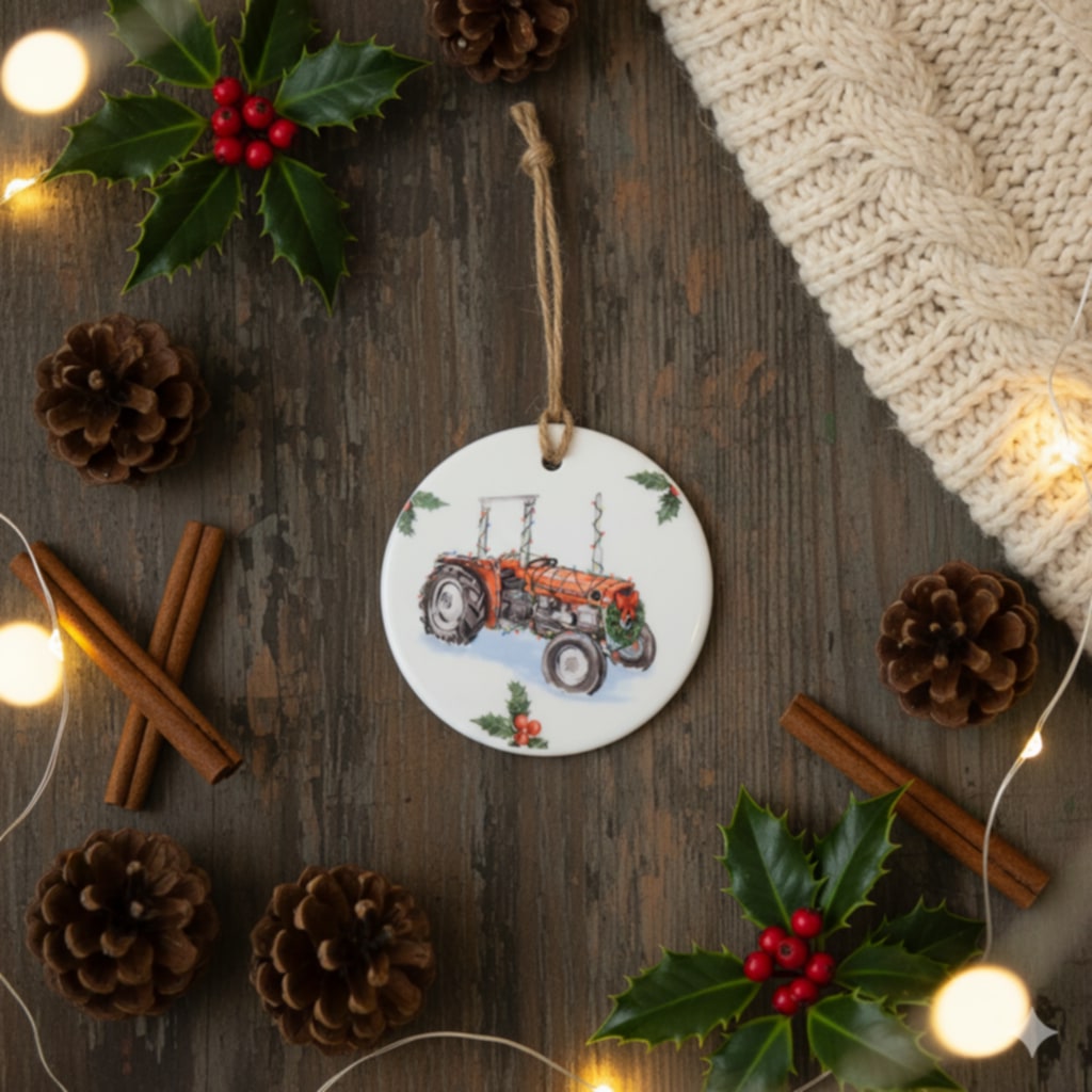 Christmas Tractor Ceramic Bauble – 7cm | Original Farm Art | John Deere, New Holland, Massey 135 & Case IH | Xmas tree Ornament