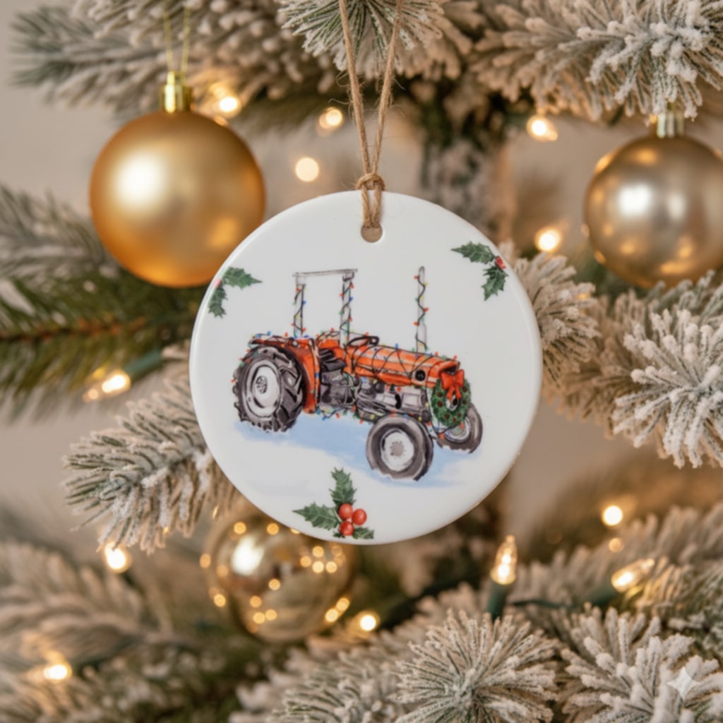 Christmas Tractor Ceramic Bauble – 7cm | Original Farm Art | John Deere, New Holland, Massey 135 & Case IH | Xmas tree Ornament