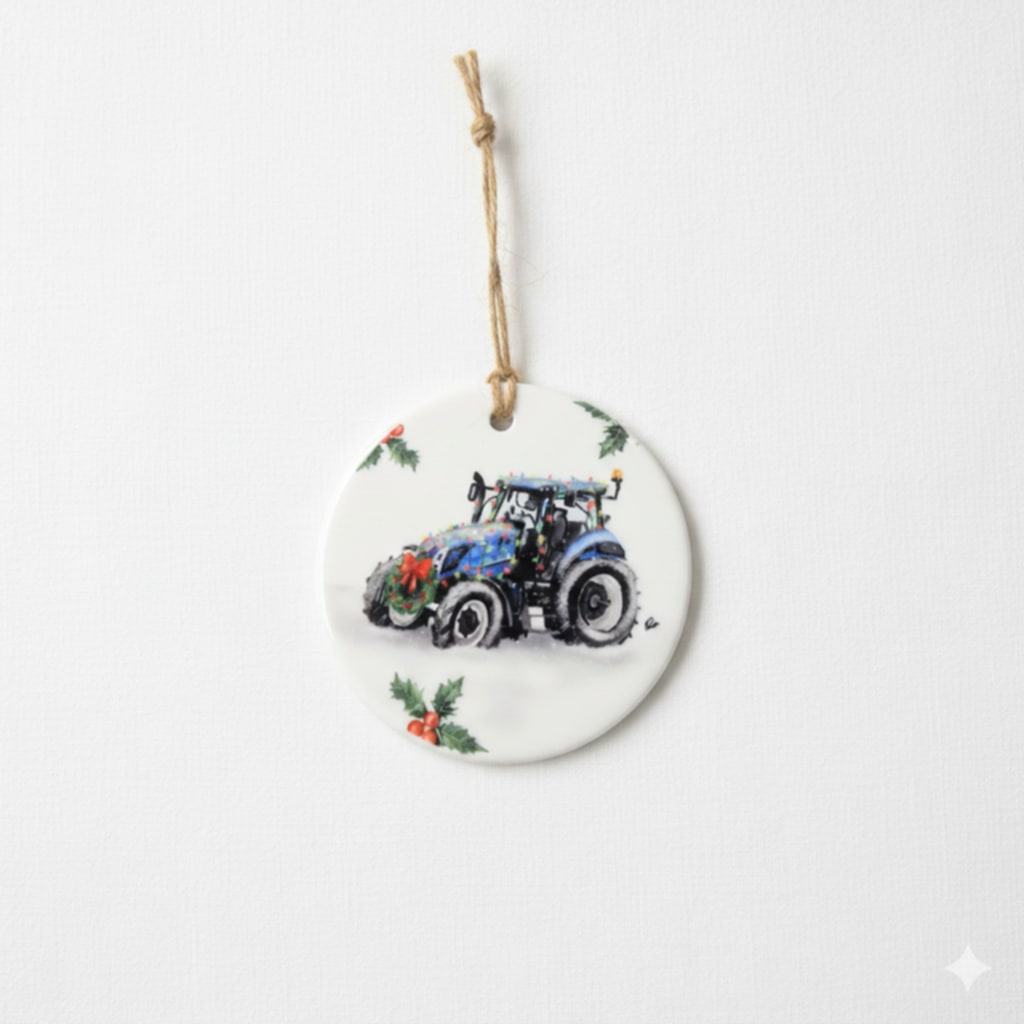 Christmas Tractor Ceramic Bauble – 7cm | Original Farm Art | John Deere, New Holland, Massey 135 & Case IH | Xmas tree Ornament