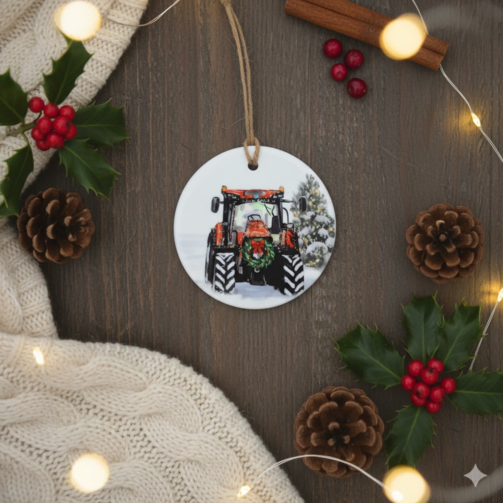 Christmas Tractor Ceramic Bauble – 7cm | Original Farm Art | John Deere, New Holland, Massey 135 & Case IH | Xmas tree Ornament