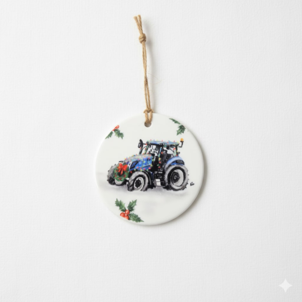 Christmas Tractor Ceramic Bauble – 7cm | Original Farm Art | John Deere, New Holland, Massey 135 & Case IH | Xmas tree Ornament