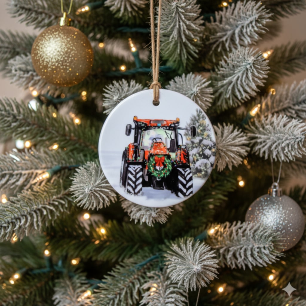 Christmas Tractor Ceramic Bauble – 7cm | Original Farm Art | John Deere, New Holland, Massey 135 & Case IH | Xmas tree Ornament