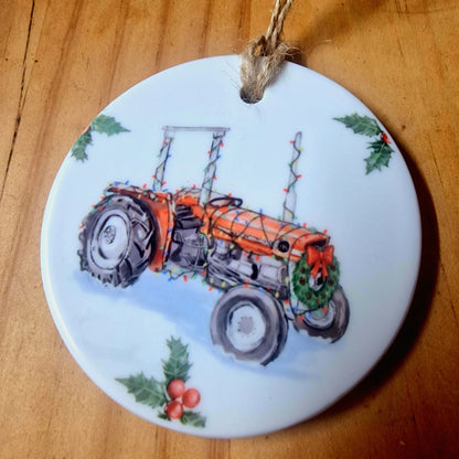 Christmas Tractor Ceramic Bauble – 7cm | Original Farm Art | John Deere, New Holland, Massey 135 & Case IH | Xmas tree Ornament