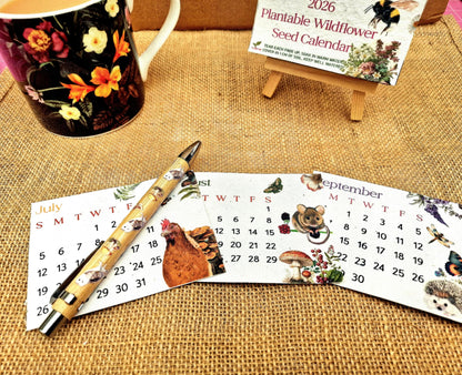 Mini Plantable Seed Calendar 2026 | A7 Size | 12 Original Artworks | Wildflower Paper | Wooden Easel Stand | Eco Friendly Gift
