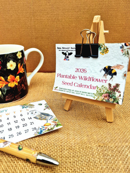 Mini Plantable Seed Calendar 2026 | A7 Size | 12 Original Artworks | Wildflower Paper | Wooden Easel Stand | Eco Friendly Gift