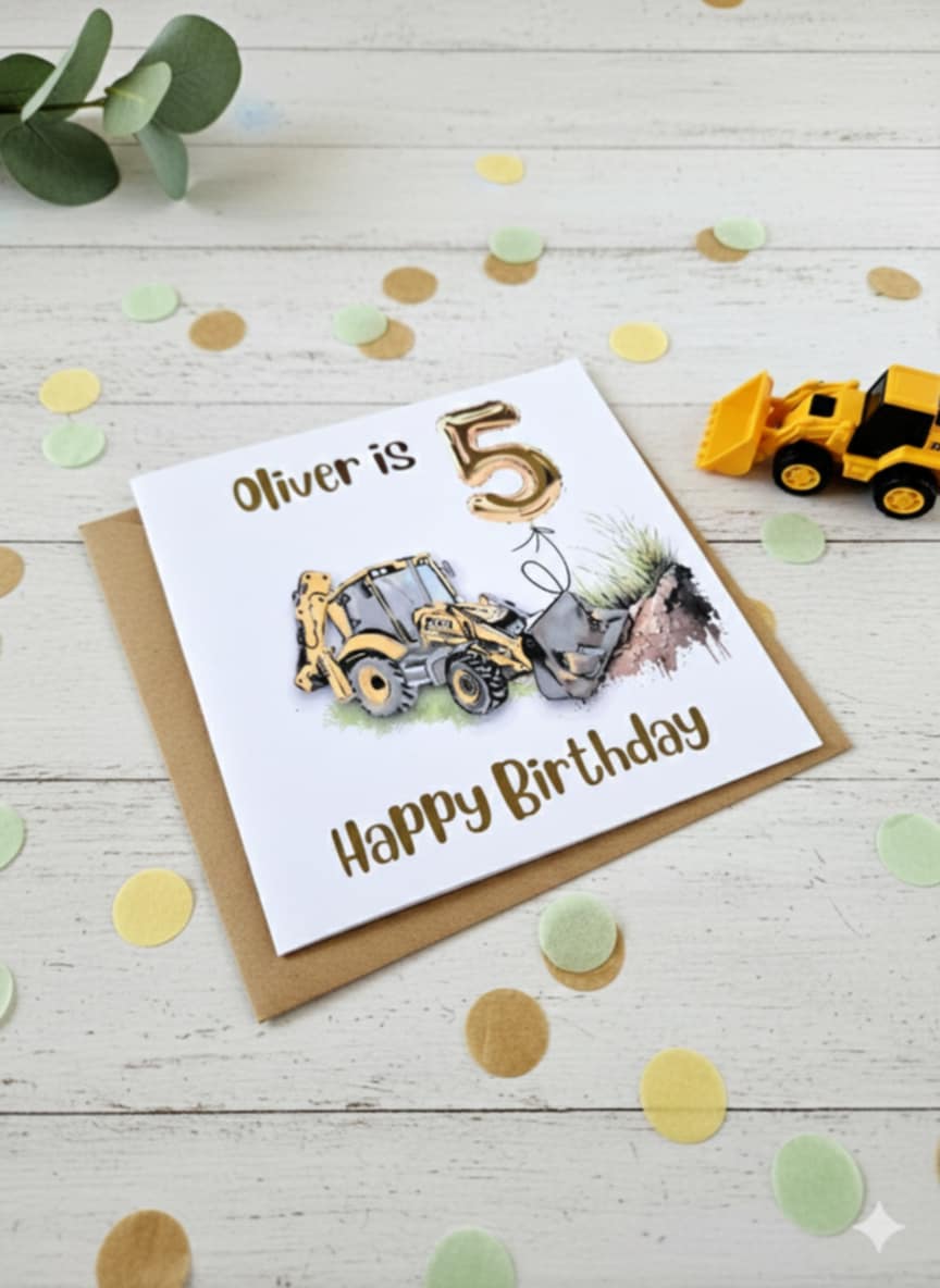 Personalised Tractor/Digger/Excavator farm themed Birthday Card – luxury Foiled Name & Age –Country Birthday Card for tractor lovers