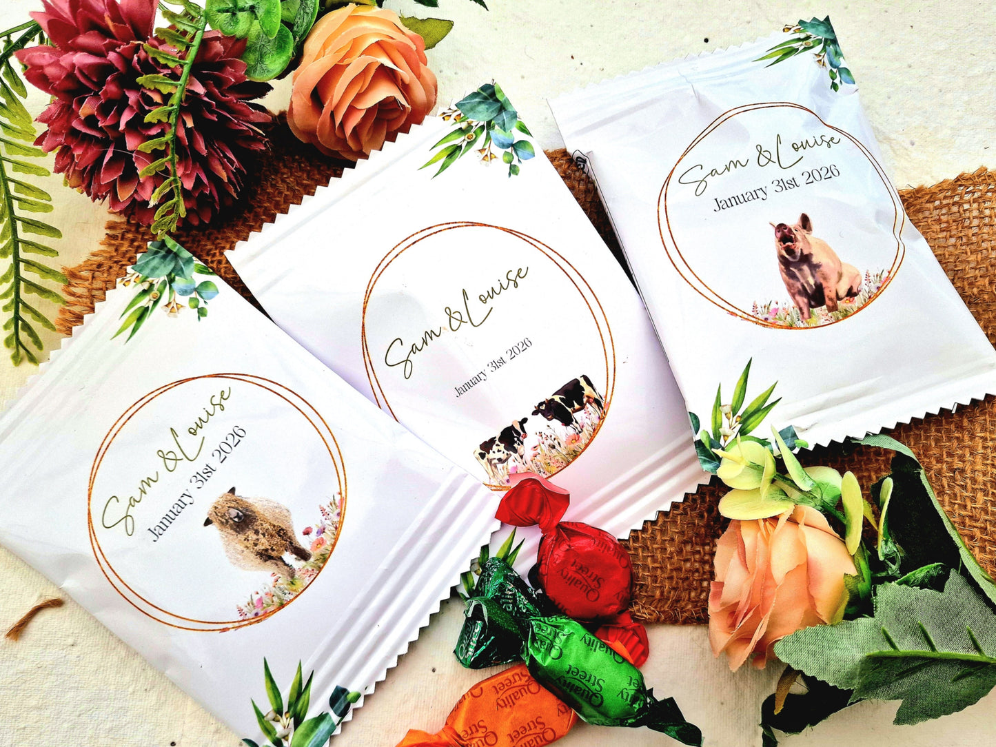 Fill Your Own Personalised Wedding Favour Bags – Crisp Bag Favours - A6 or A5 – Gloss Finish – Farm Animal Design (Sheep, Cow, Pig)