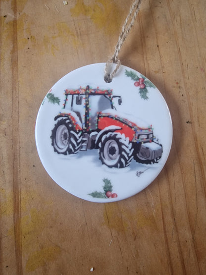 Christmas Tractor Ceramic Bauble – 7cm | Original Farm Art | John Deere, New Holland, Massey 135 & Case IH | Xmas tree Ornament