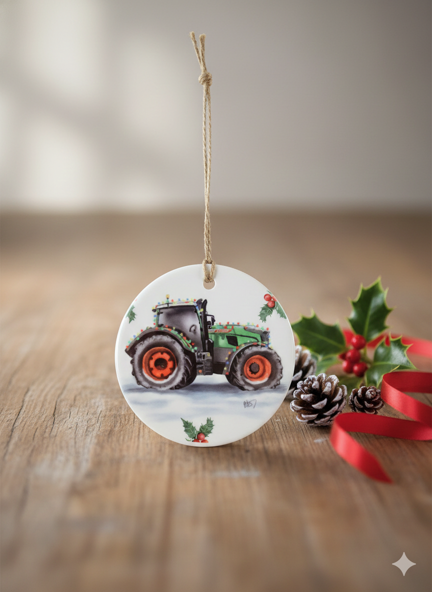 Christmas Tractor Ceramic Bauble – 7cm | Original Farm Art | John Deere, New Holland, Massey 135 & Case IH | Xmas tree Ornament